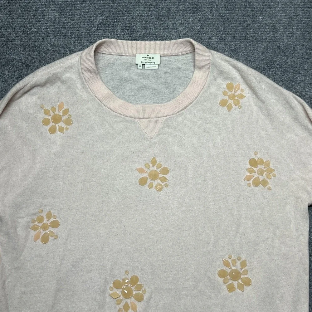 Kate Spade Sweater Womens Medium Pink Floral Jewel Crewneck Pullover Knit Top